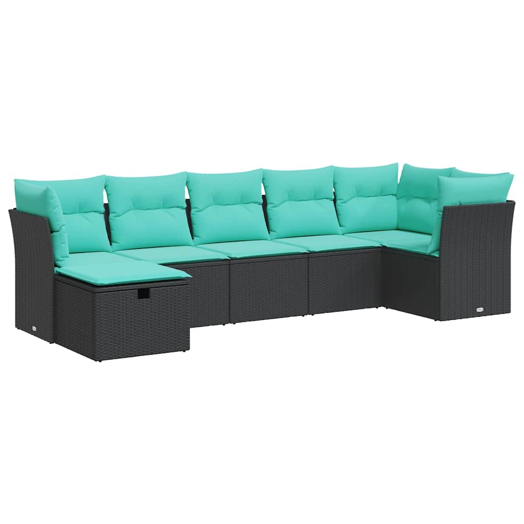 7-tlg. Garten-Sofagarnitur mit Kissen Schwarz Poly Rattan