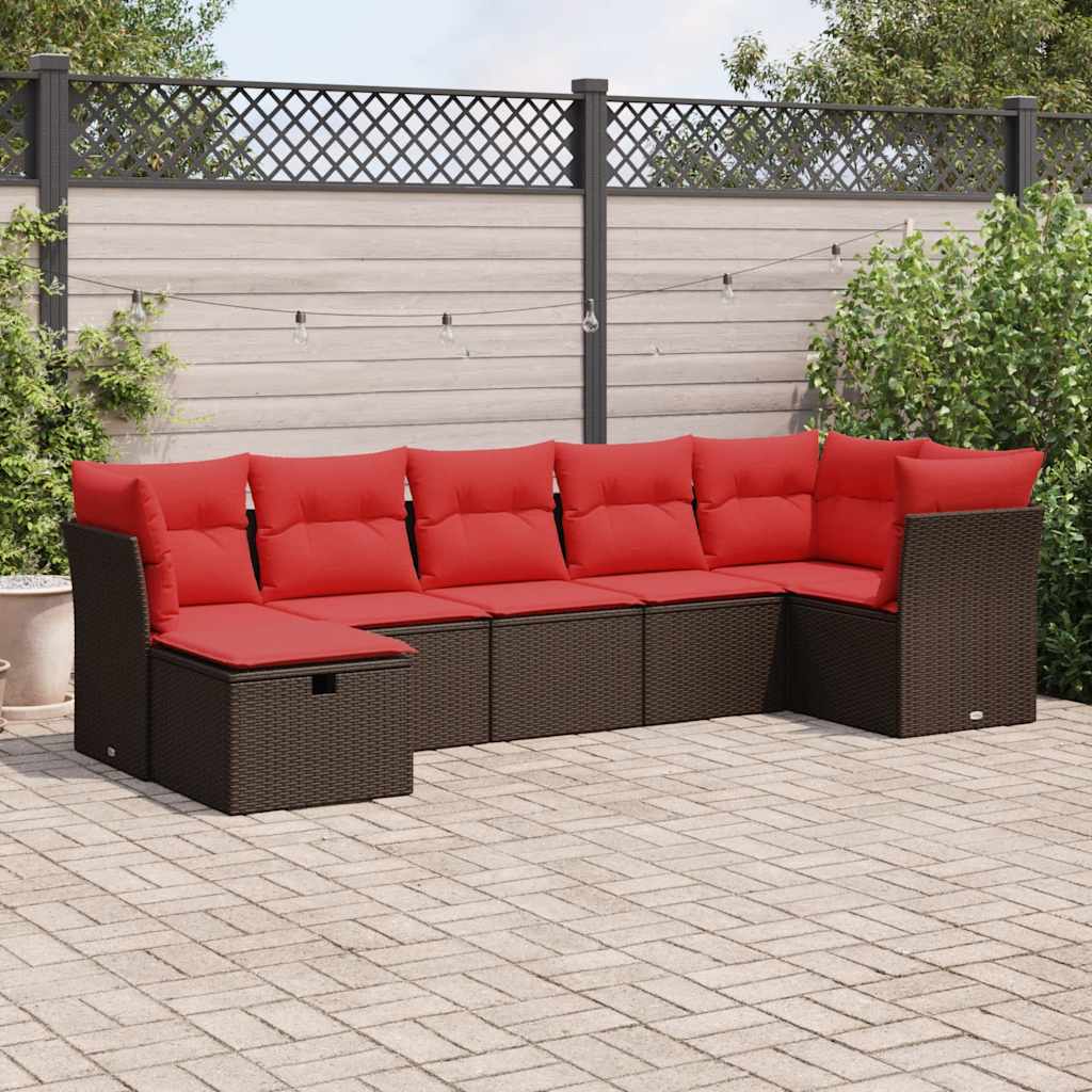7-tlg. Garten-Sofagarnitur mit Kissen Braun Poly Rattan