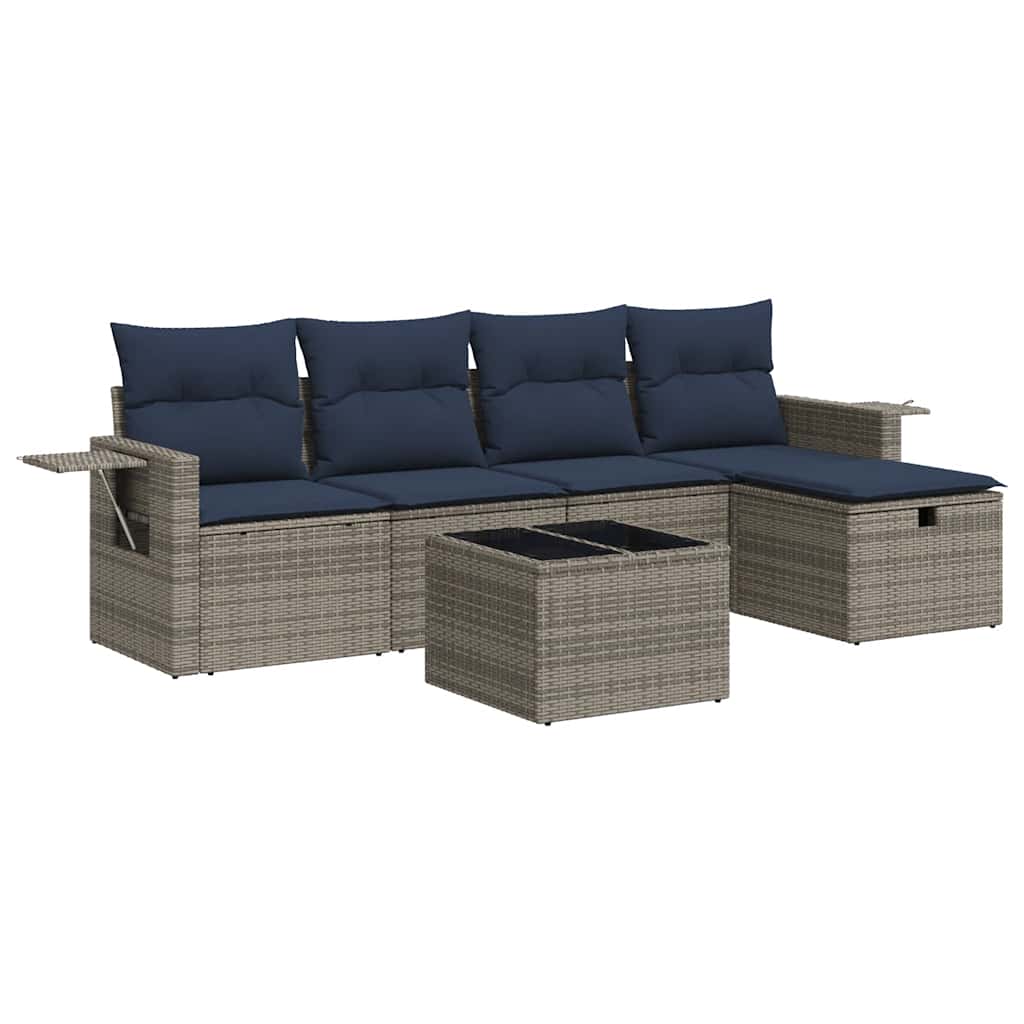 6-tlg. Garten-Sofagarnitur mit Kissen Grau Poly Rattan