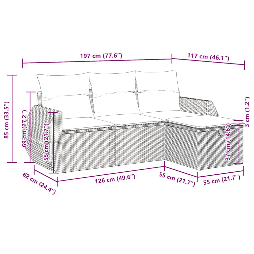 4-tlg. Garten-Sofagarnitur mit Kissen Braun Poly Rattan