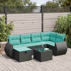7-tlg. Garten-Sofagarnitur mit Kissen Schwarz Poly Rattan