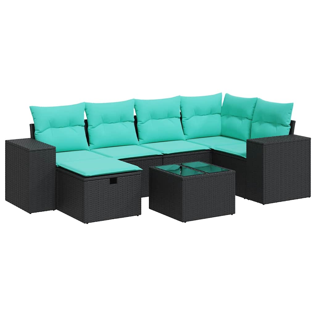 7-tlg. Garten-Sofagarnitur mit Kissen Schwarz Poly Rattan
