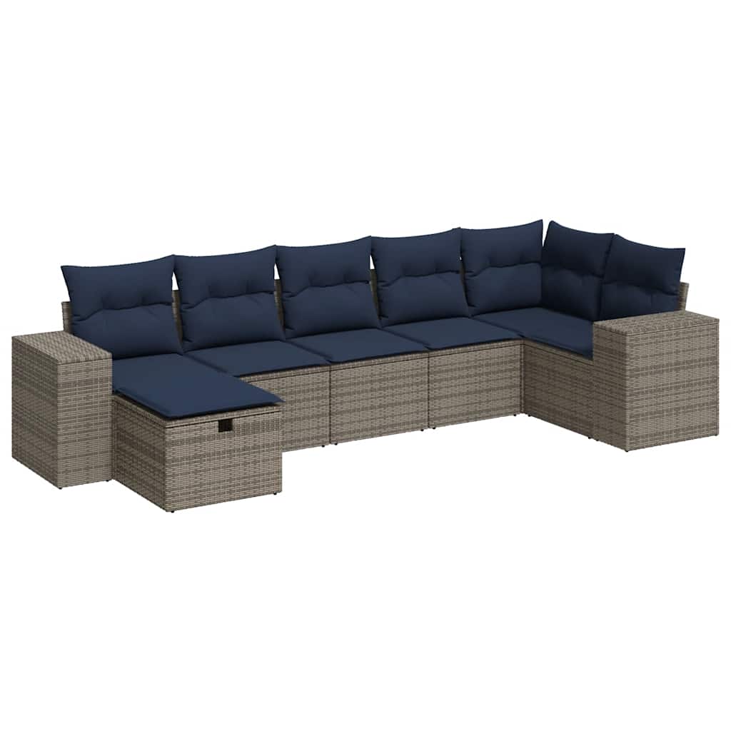 7-tlg. Garten-Sofagarnitur mit Kissen Grau Poly Rattan