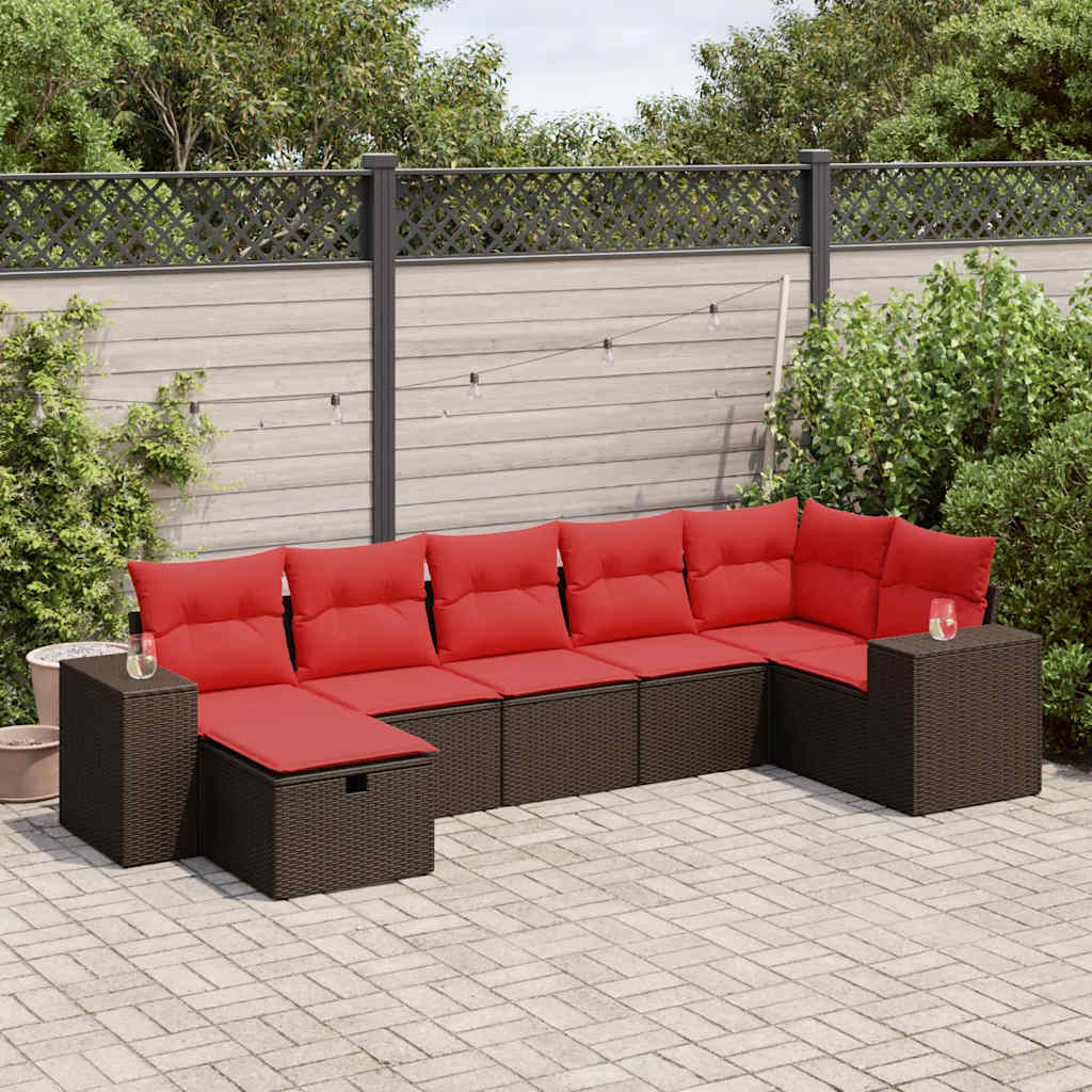 7-tlg. Garten-Sofagarnitur mit Kissen Braun Poly Rattan