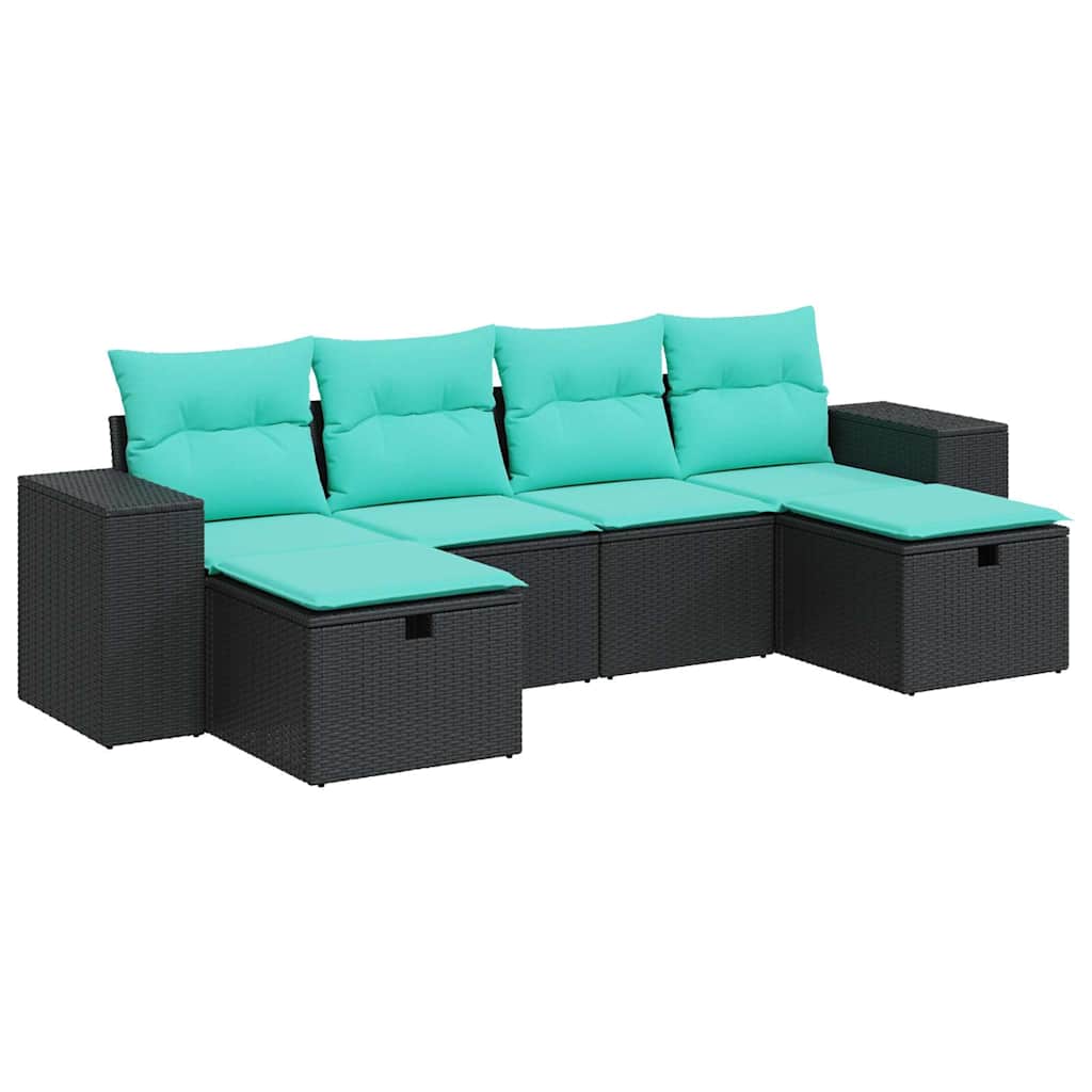 6-tlg. Garten-Sofagarnitur mit Kissen Schwarz Poly Rattan