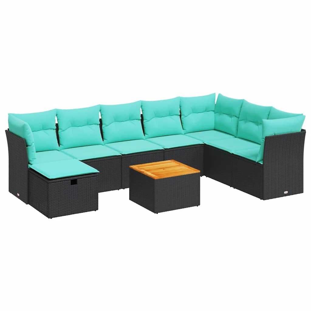 9-tlg. Garten-Sofagarnitur mit Kissen Schwarz Poly Rattan