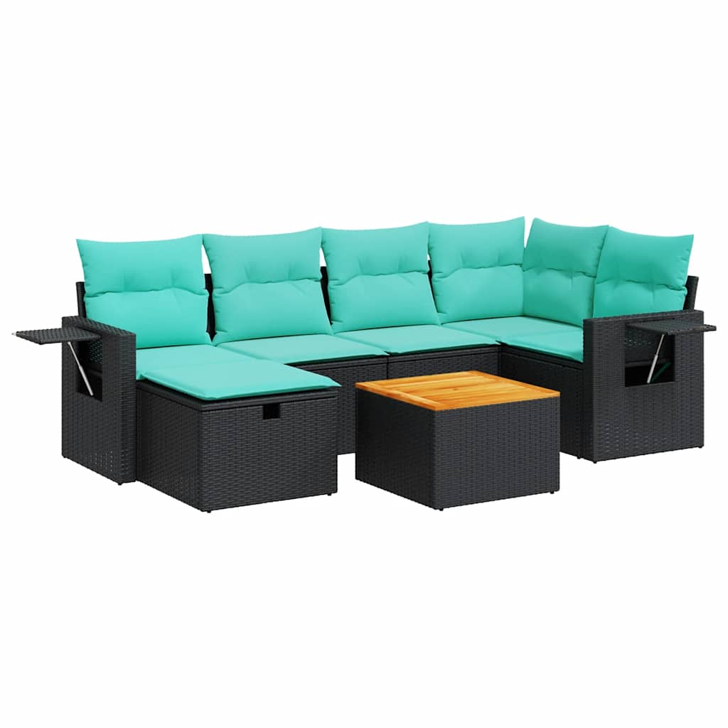 7-tlg. Garten-Sofagarnitur mit Kissen Schwarz Poly Rattan