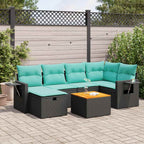 7-tlg. Garten-Sofagarnitur mit Kissen Schwarz Poly Rattan