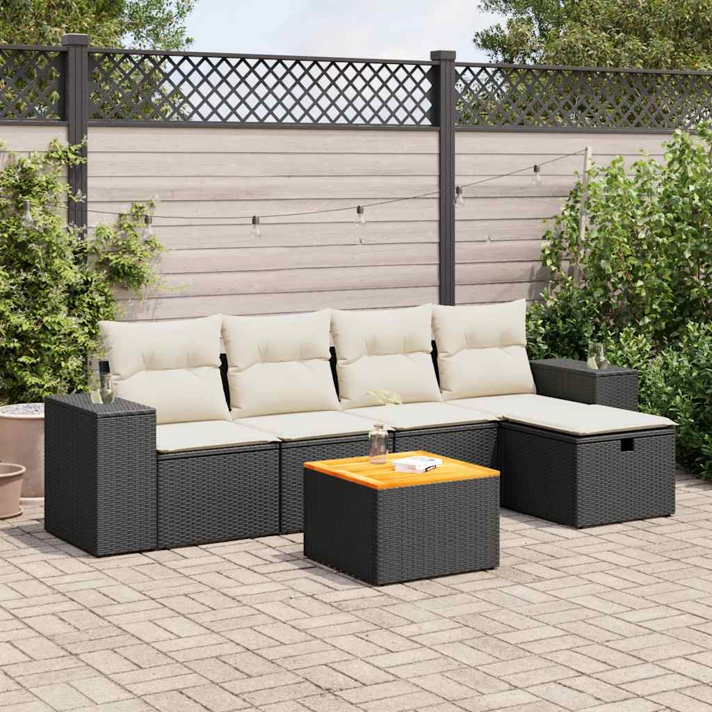 6-tlg. Garten-Sofagarnitur mit Kissen Schwarz Poly Rattan