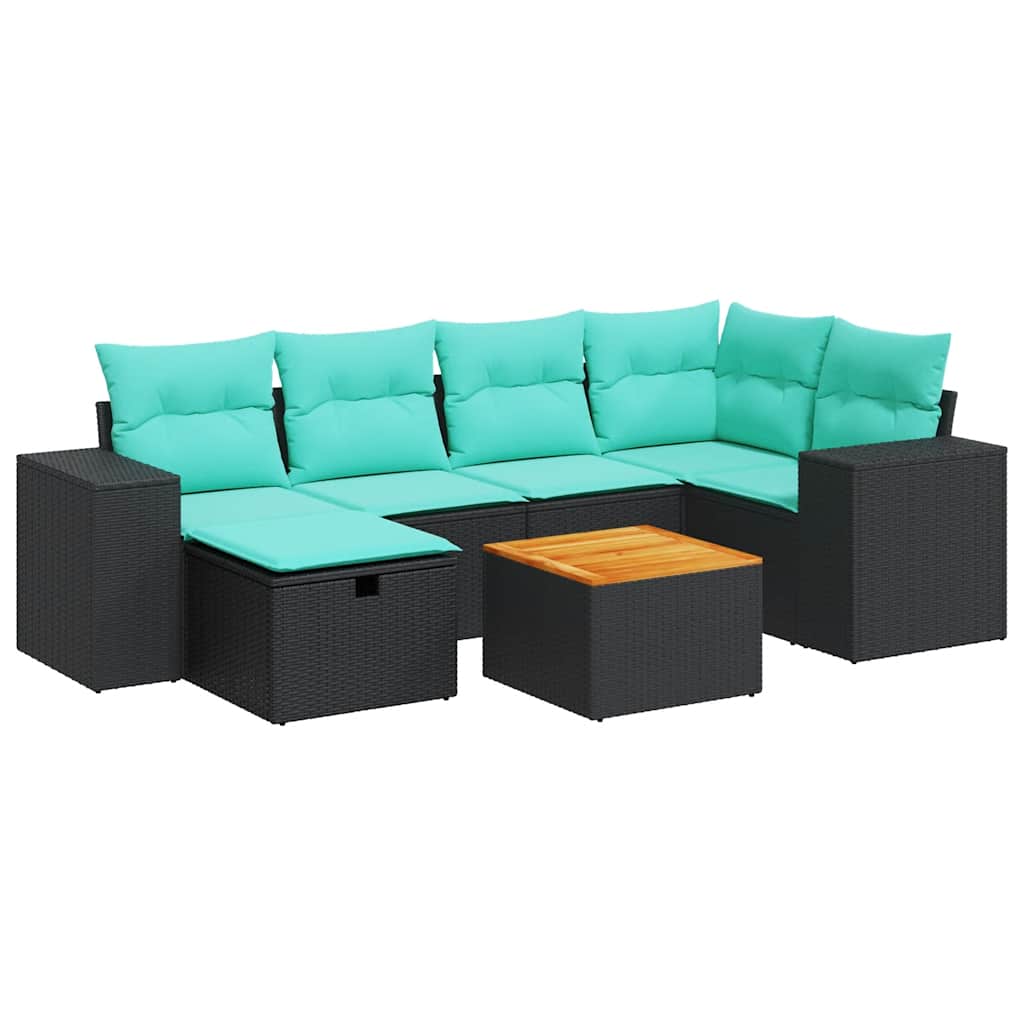 7-tlg. Garten-Sofagarnitur mit Kissen Schwarz Poly Rattan