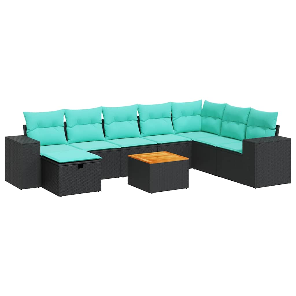 9-tlg. Garten-Sofagarnitur mit Kissen Schwarz Poly Rattan