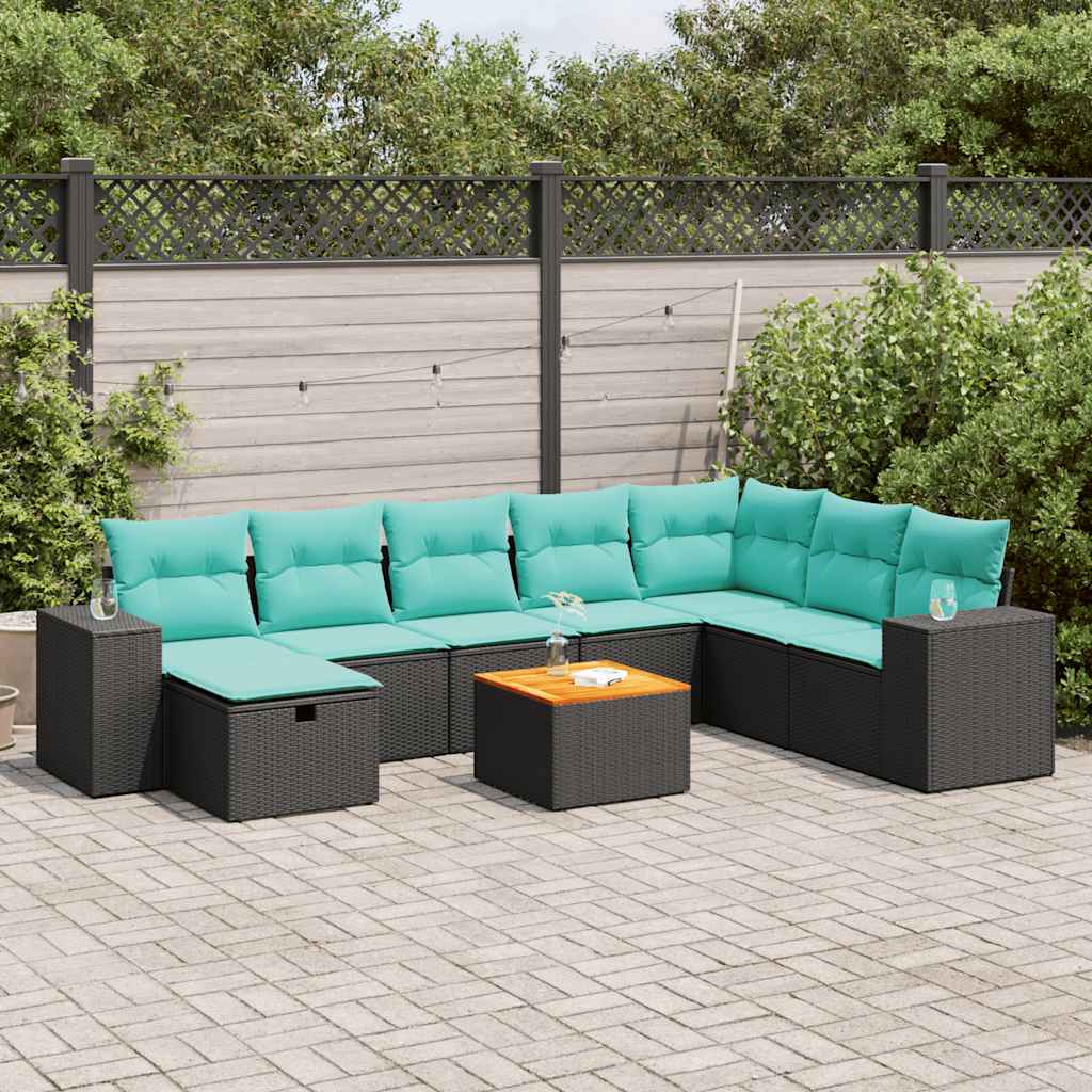 9-tlg. Garten-Sofagarnitur mit Kissen Schwarz Poly Rattan