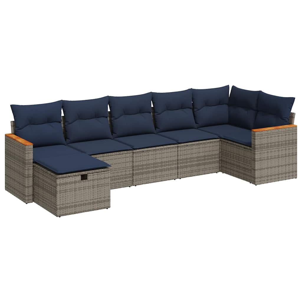 7-tlg. Garten-Sofagarnitur mit Kissen Grau Poly Rattan