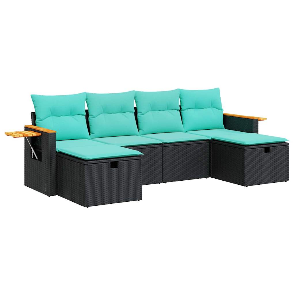 6-tlg. Garten-Sofagarnitur mit Kissen Schwarz Poly Rattan