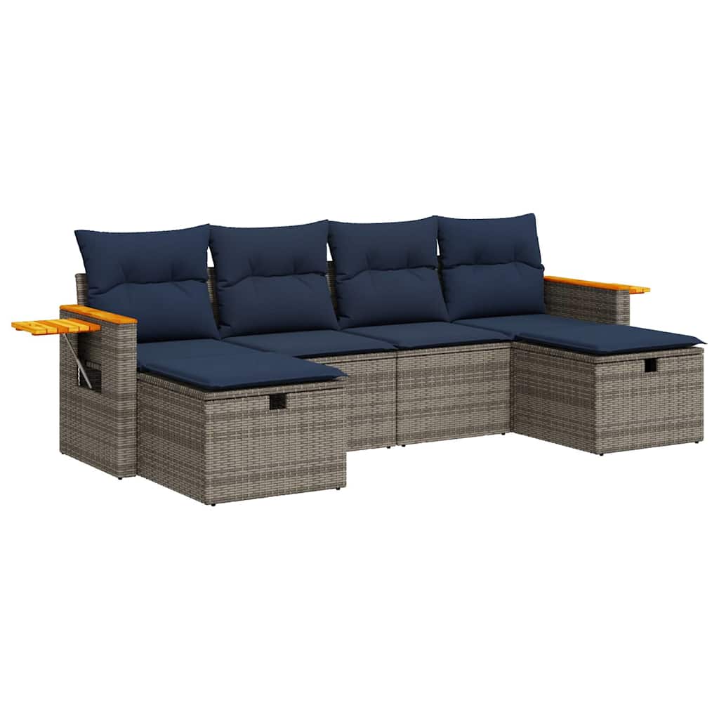 6-tlg. Garten-Sofagarnitur mit Kissen Grau Poly Rattan