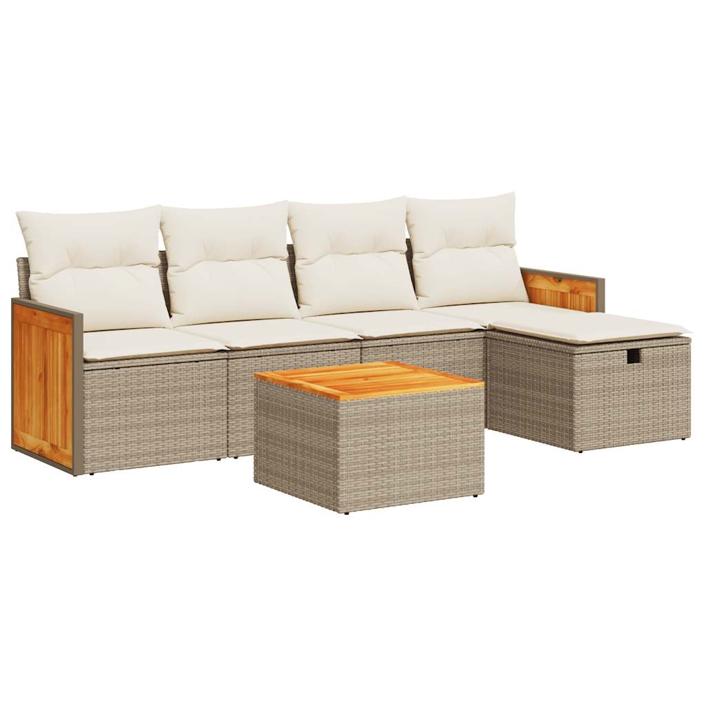 6-tlg. Garten-Sofagarnitur mit Kissen Beige Poly Rattan
