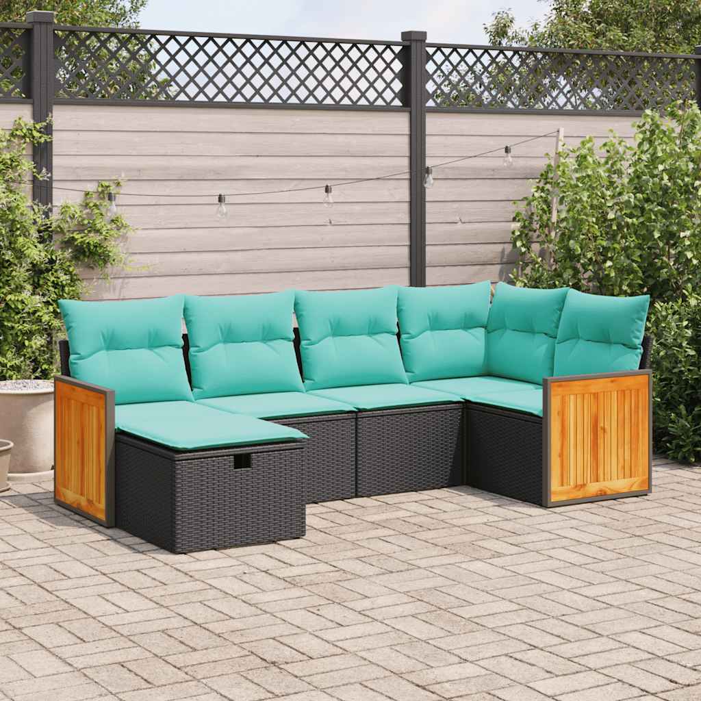 6-tlg. Garten-Sofagarnitur mit Kissen Schwarz Poly Rattan