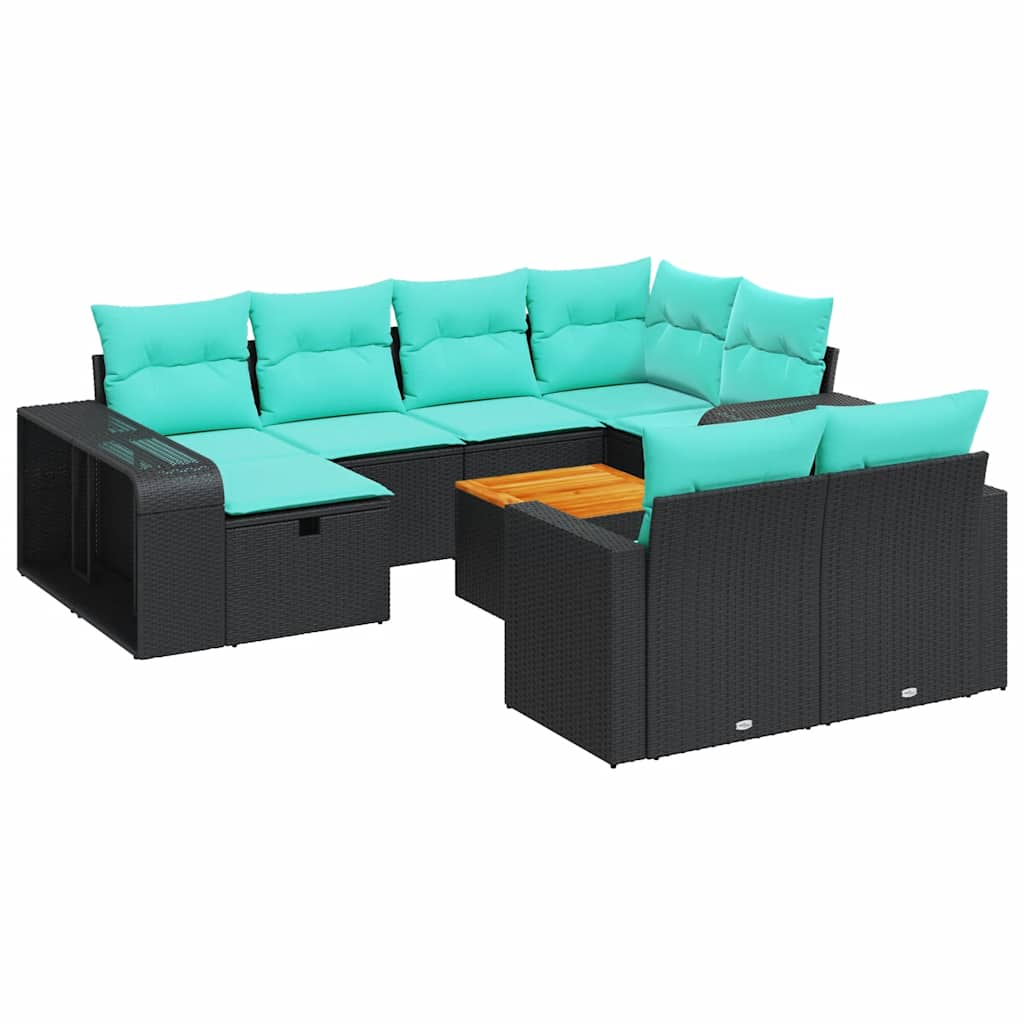11-tlg. Garten-Sofagarnitur mit Kissen Schwarz Poly Rattan