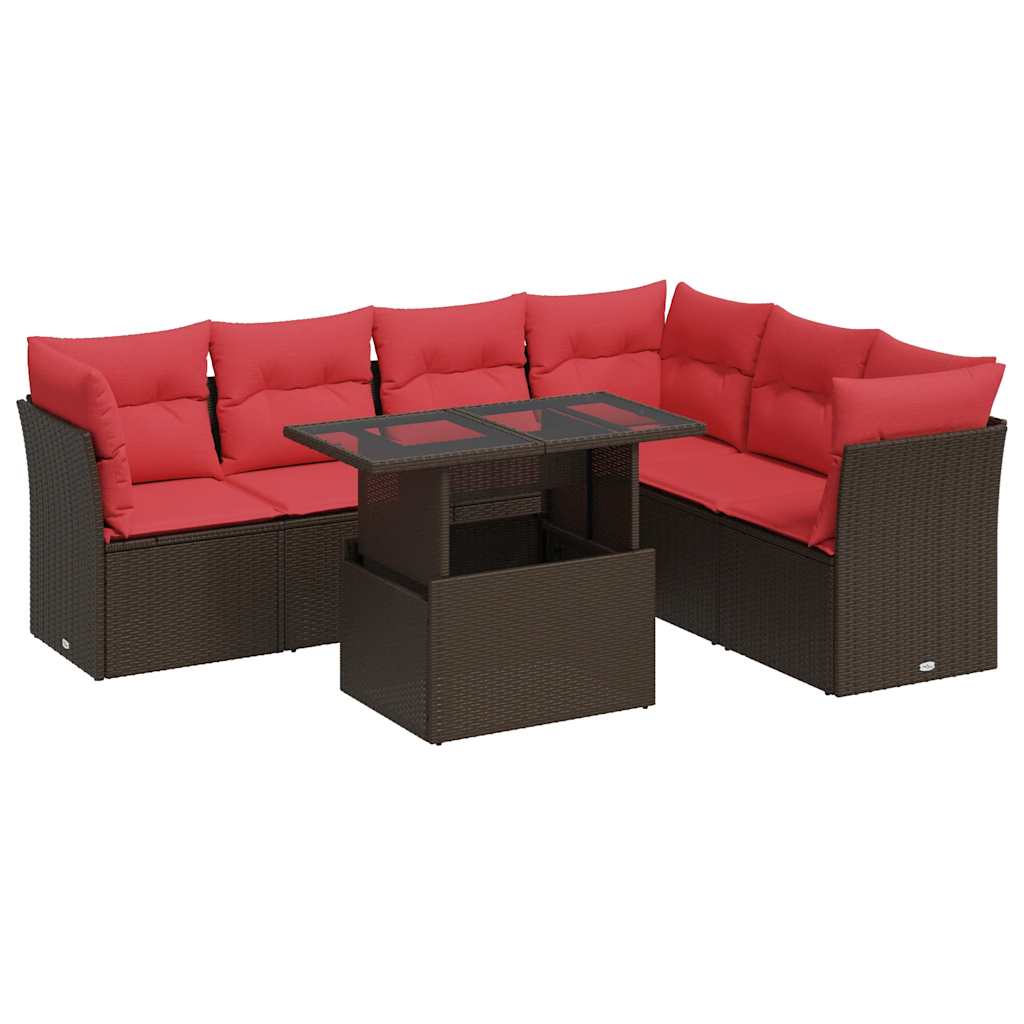 7-tlg. Garten-Sofagarnitur mit Kissen Braun Poly Rattan Akazie