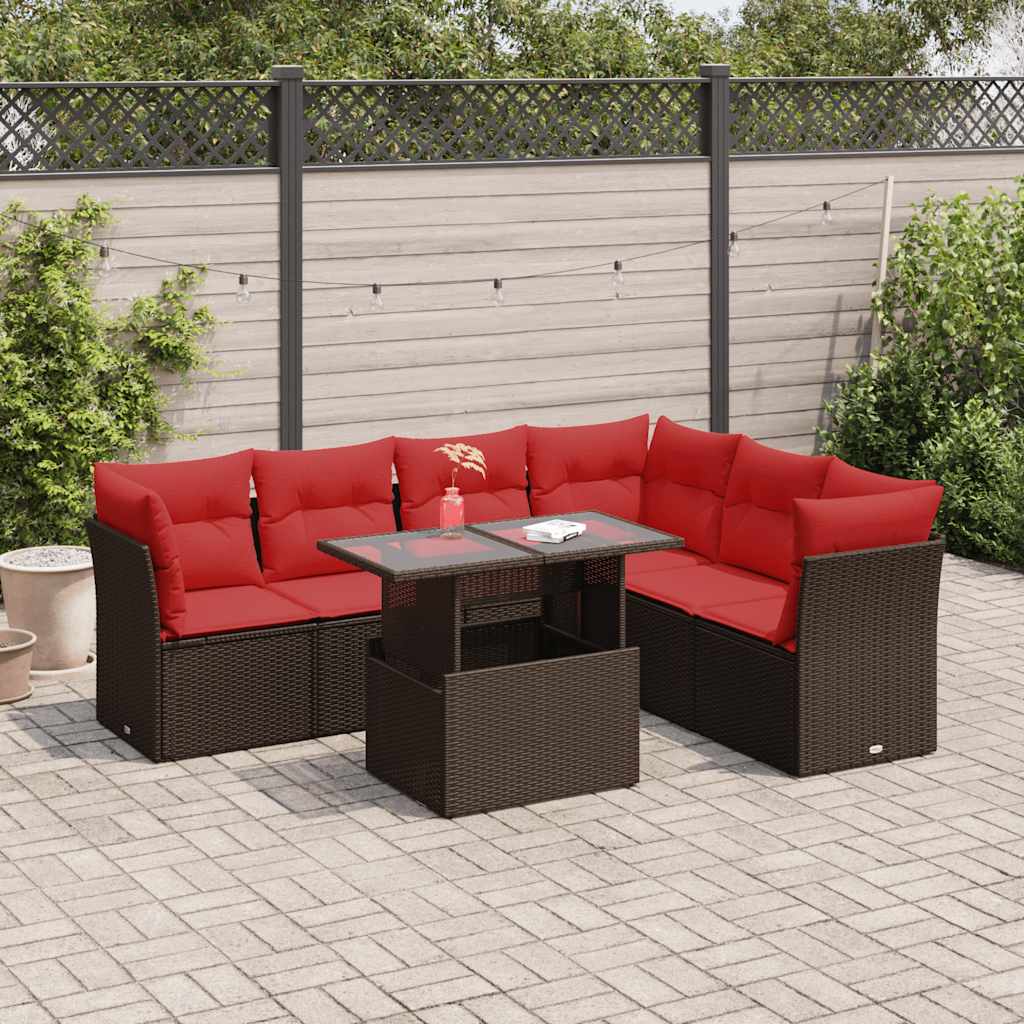 7-tlg. Garten-Sofagarnitur mit Kissen Braun Poly Rattan Akazie