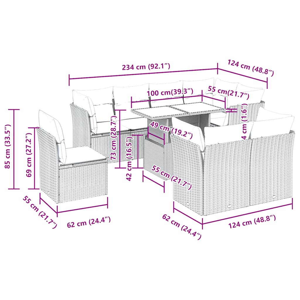 9-tlg. Garten-Sofagarnitur mit Kissen Braun Poly Rattan Akazie