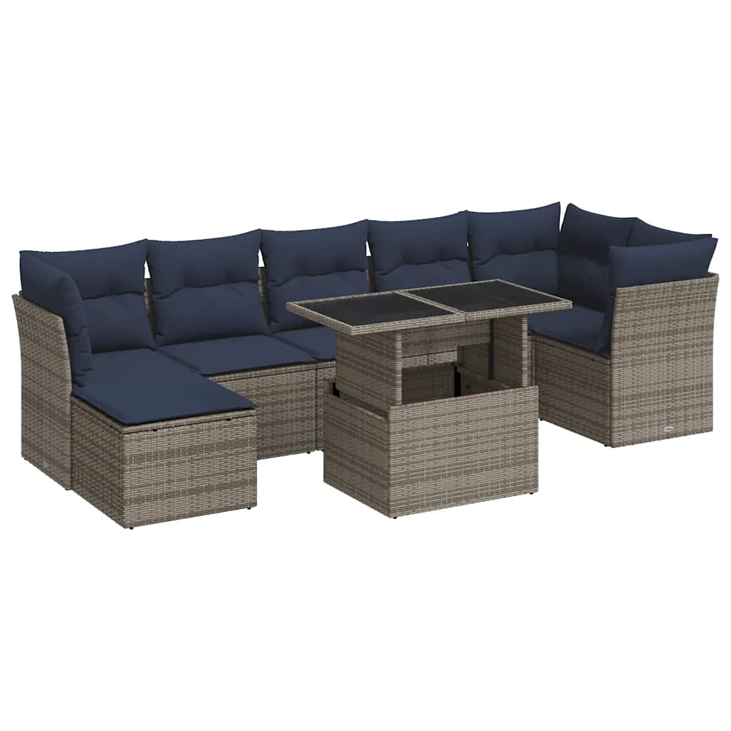 8-tlg. Garten-Sofagarnitur mit Kissen Grau Poly Rattan Akazie