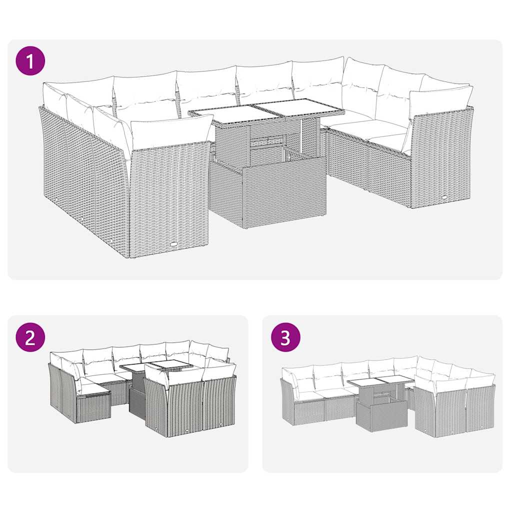 10-tlg. Garten-Sofagarnitur mit Kissen Braun Poly Rattan Akazie