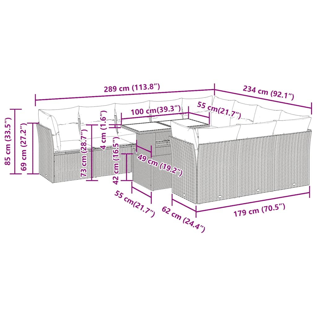 11-tlg. Garten-Sofagarnitur mit Kissen Braun Poly Rattan Akazie