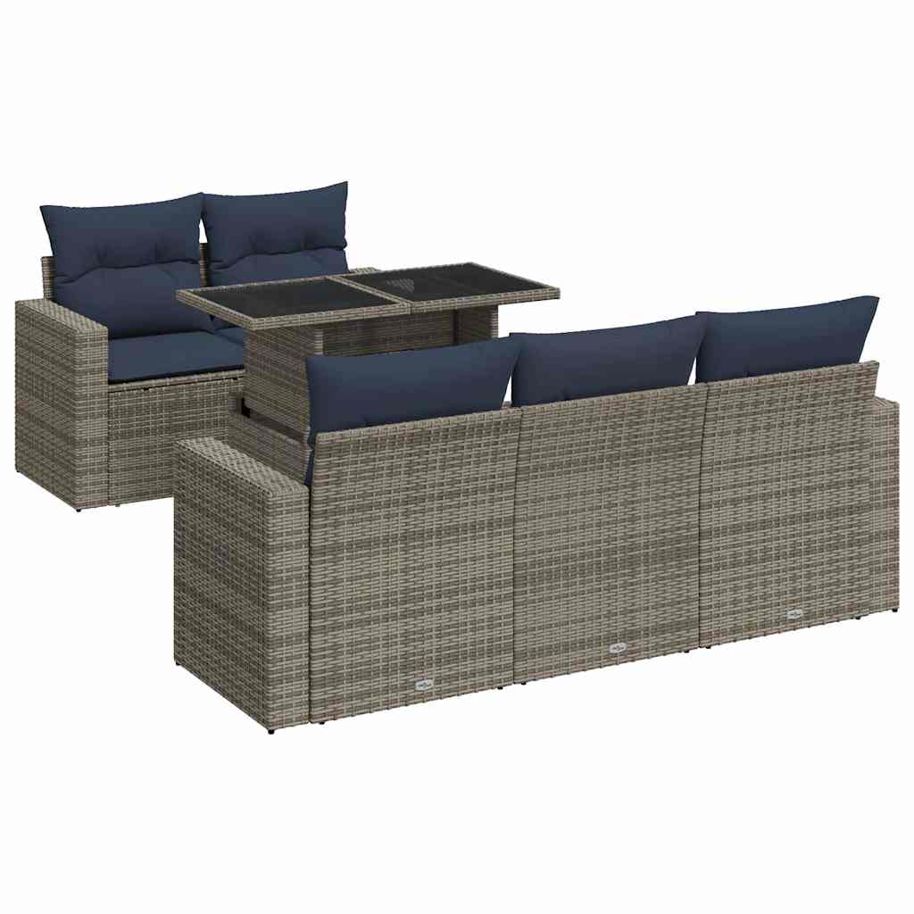 6-tlg. Garten-Sofagarnitur mit Kissen Grau Poly Rattan Akazie