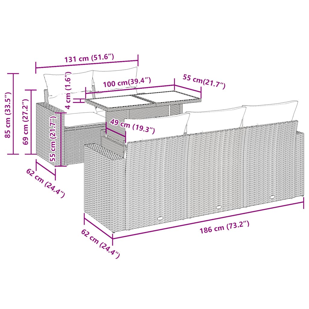 6-tlg. Garten-Sofagarnitur mit Kissen Hellgrau Poly Rattan