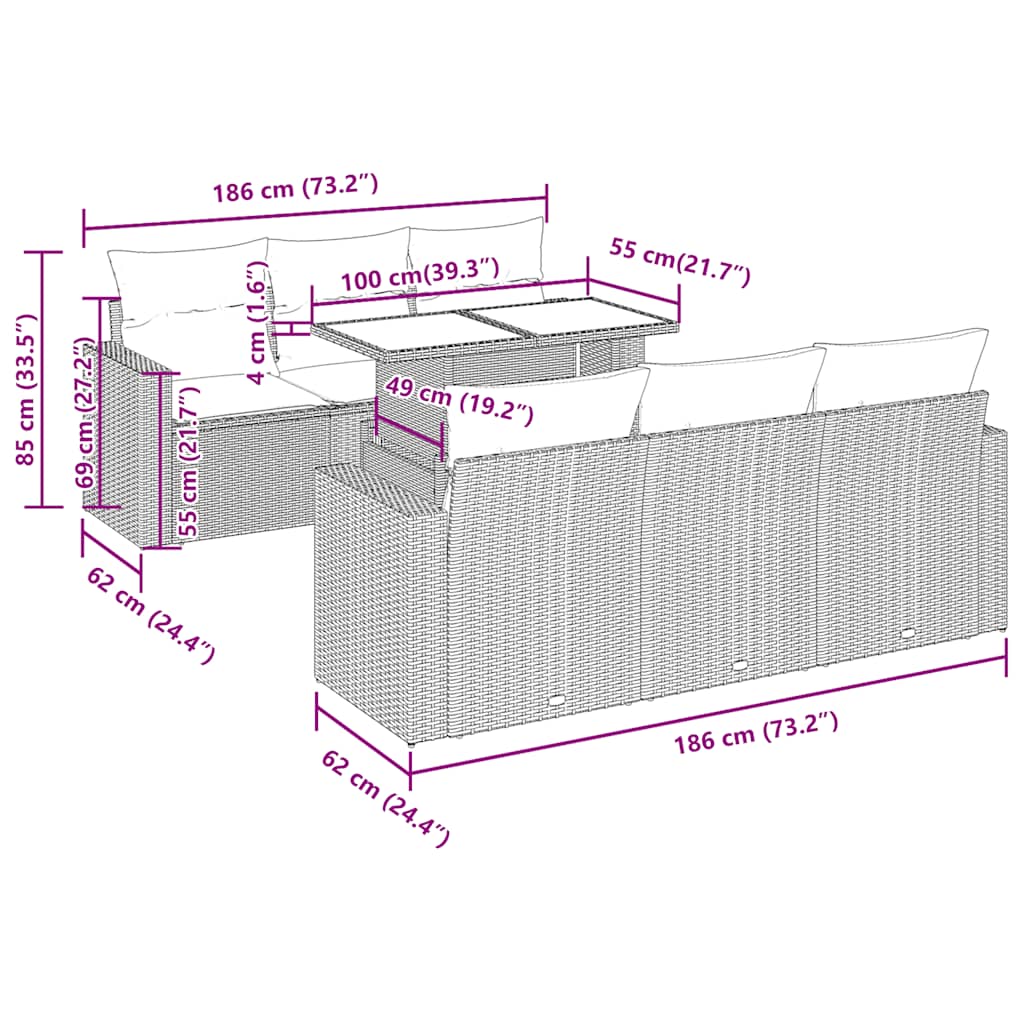 7-tlg. Garten-Sofagarnitur mit Kissen Grau Poly Rattan Akazie