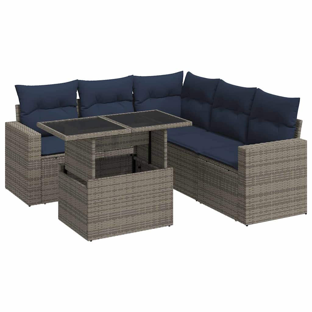 6-tlg. Garten-Sofagarnitur mit Kissen Grau Poly Rattan Akazie