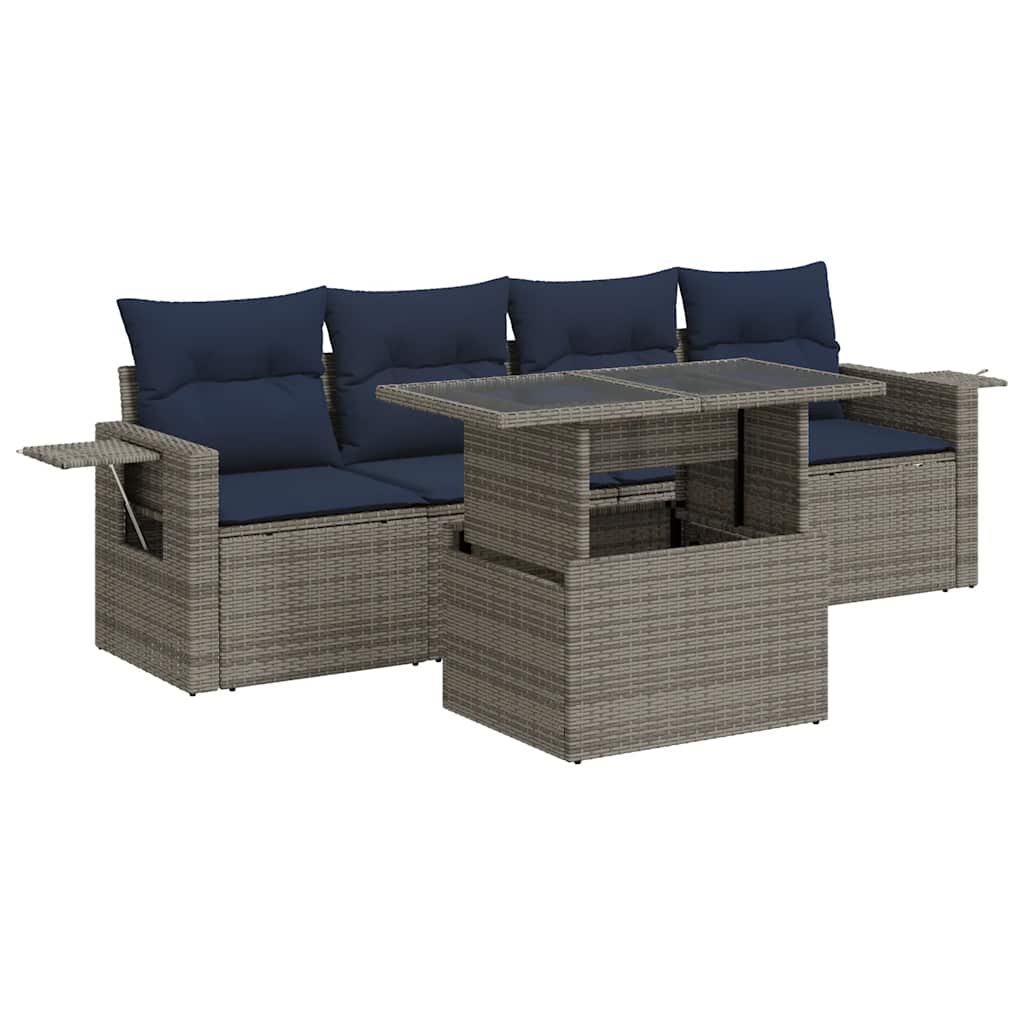 5tlg. Garten-Sofagarnitur mit Kissen Grau Poly Rattan