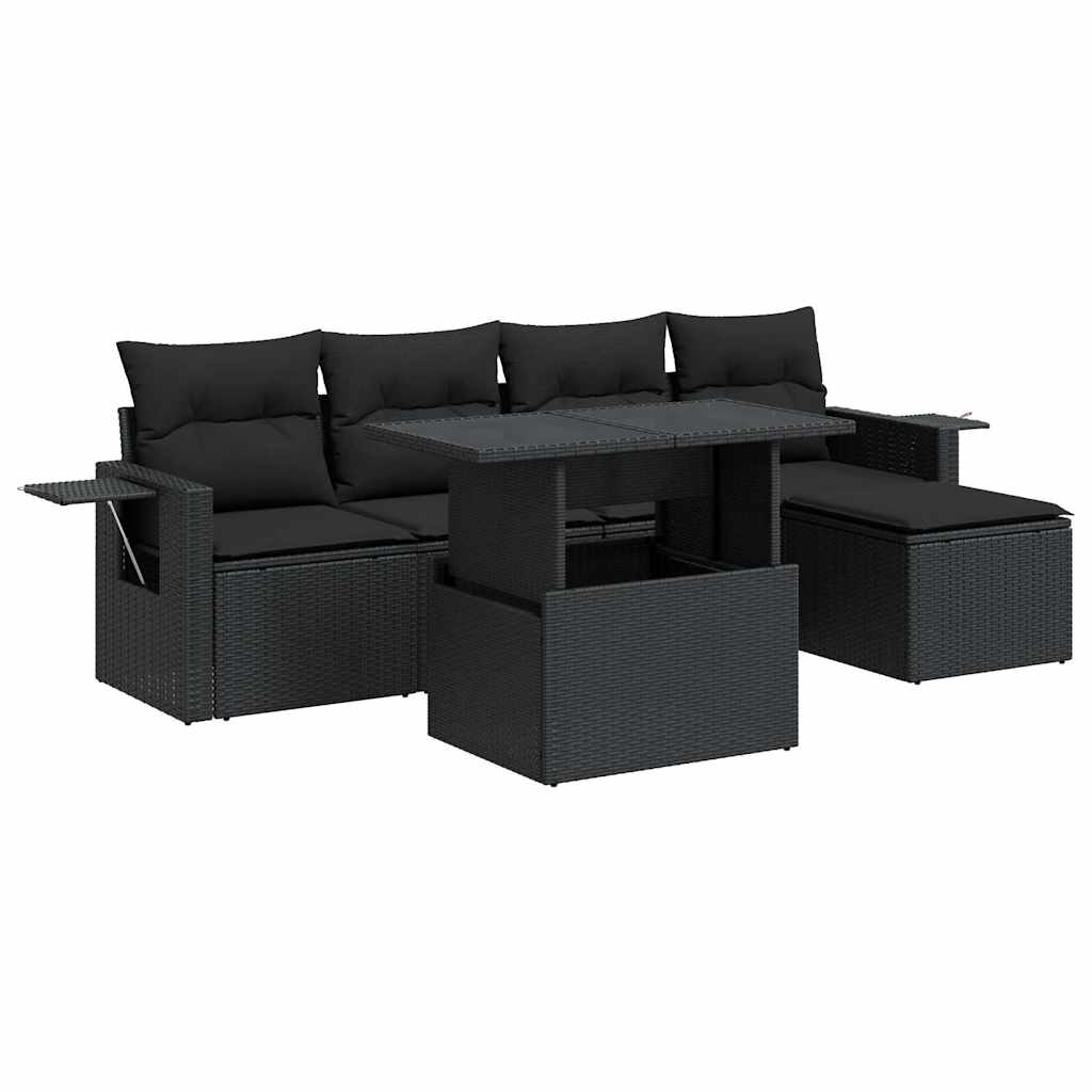 6-tlg. Garten-Sofagarnitur mit Kissen Schwarz Poly Rattan