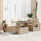 6-tlg. Garten-Sofagarnitur mit Kissen Beige Poly Rattan