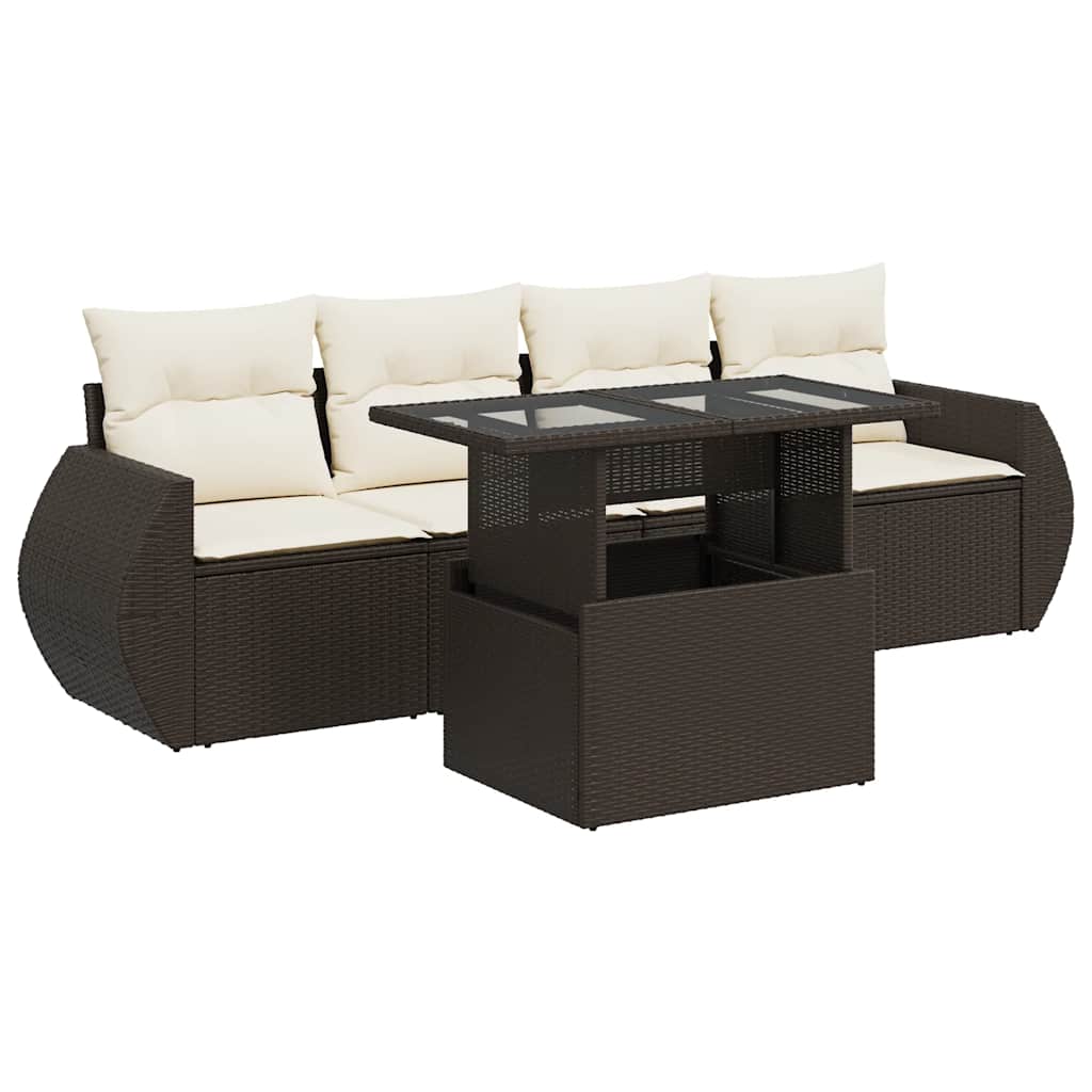 5-tlg. Garten-Sofagarnitur mit Kissen Braun Poly Rattan