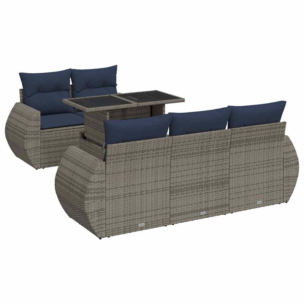 6-tlg. Garten-Sofagarnitur mit Kissen Grau Poly Rattan Akazie