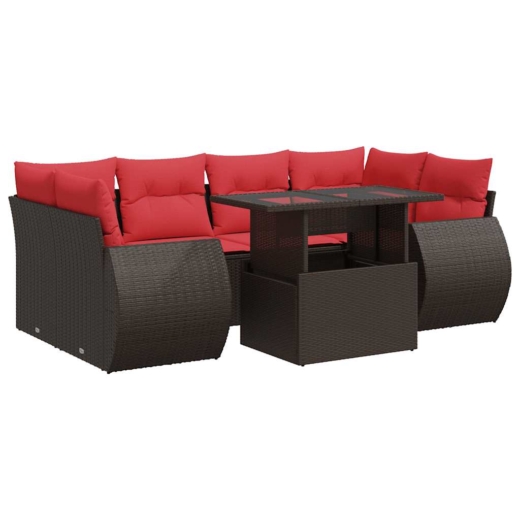7-tlg. Garten-Sofagarnitur mit Kissen Braun Poly Rattan Akazie