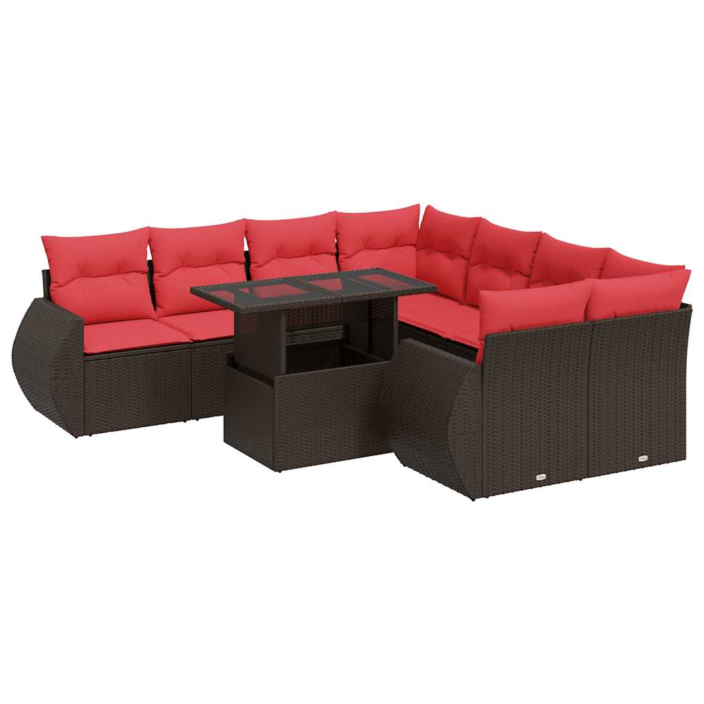 9-tlg. Garten-Sofagarnitur mit Kissen Braun Poly Rattan Akazie