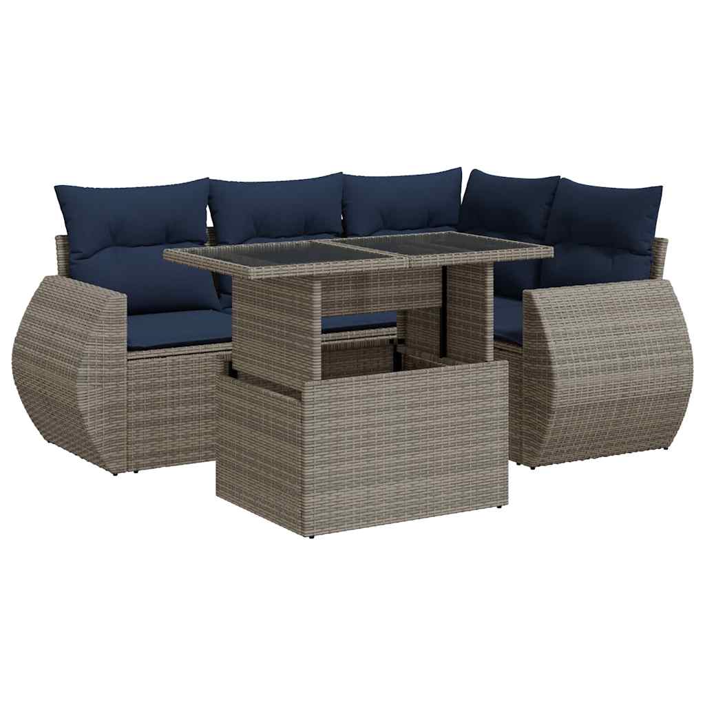 5-tlg. Garten-Sofagarnitur mit Kissen Grau Poly Rattan Akazie
