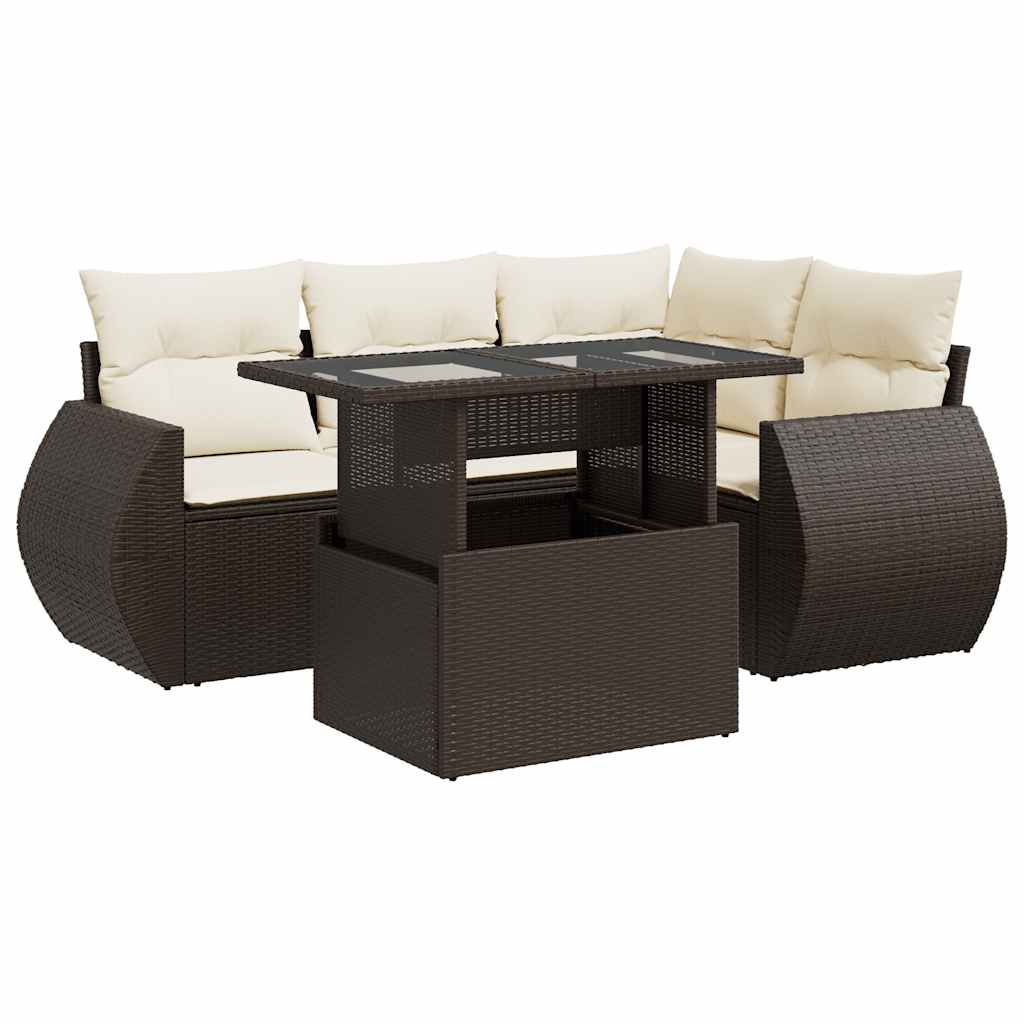 5-tlg. Garten-Sofagarnitur mit Kissen Braun Poly Rattan
