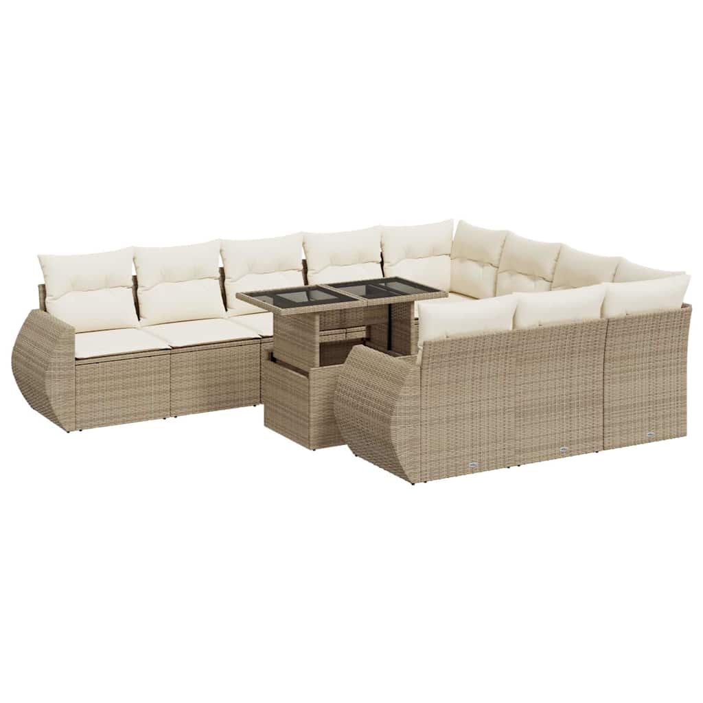 11-tlg. Garten-Sofagarnitur mit Kissen Beige Poly Rattan