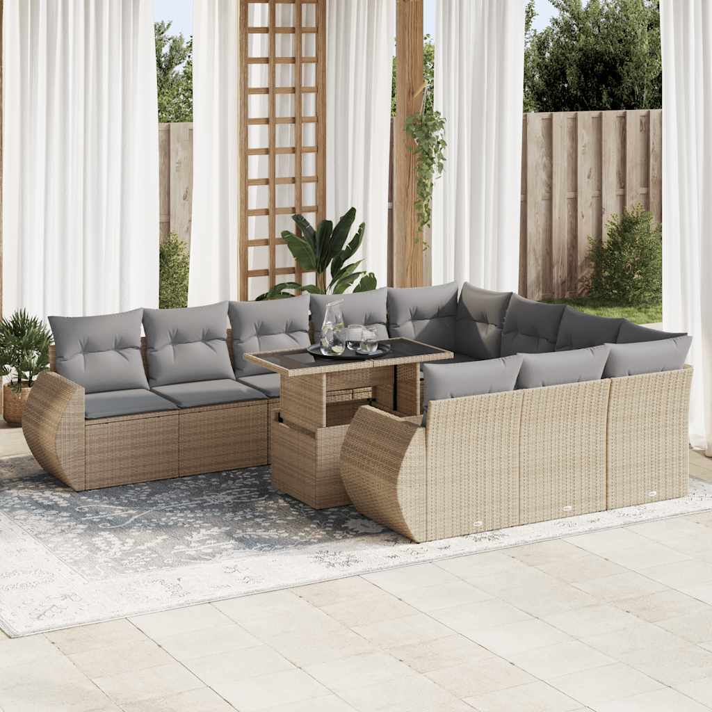 11-tlg. Garten-Sofagarnitur mit Kissen Beige Poly Rattan