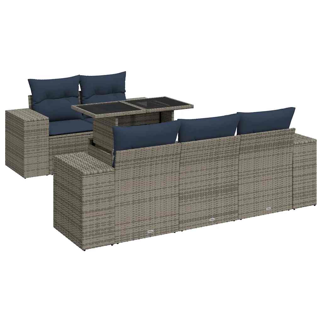 6-tlg. Garten-Sofagarnitur mit Kissen Grau Poly Rattan Akazie