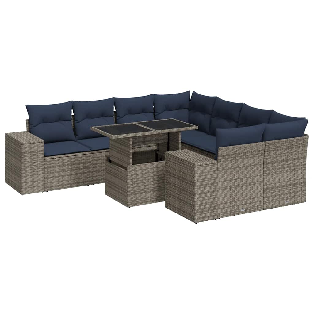 9-tlg. Garten-Sofagarnitur mit Kissen Grau Poly Rattan Akazie