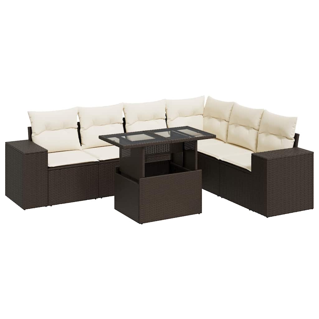 7-tlg. Garten-Sofagarnitur mit Kissen Braun Poly Rattan