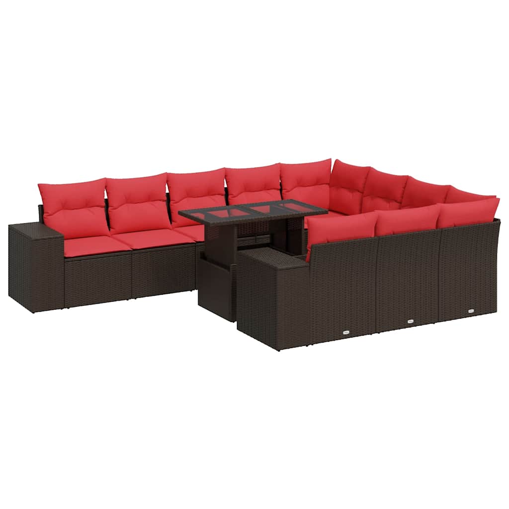 11-tlg. Garten-Sofagarnitur mit Kissen Braun Poly Rattan Akazie
