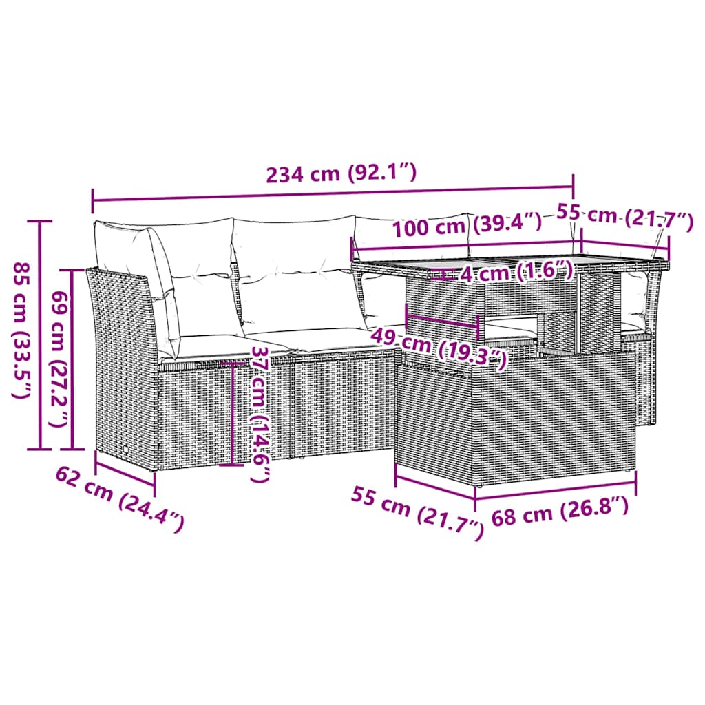 5-tlg. Garten-Sofagarnitur mit Kissen Grau Poly Rattan