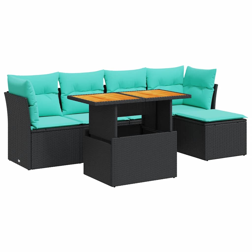 6-tlg. Garten-Sofagarnitur mit Kissen Schwarz Poly Rattan