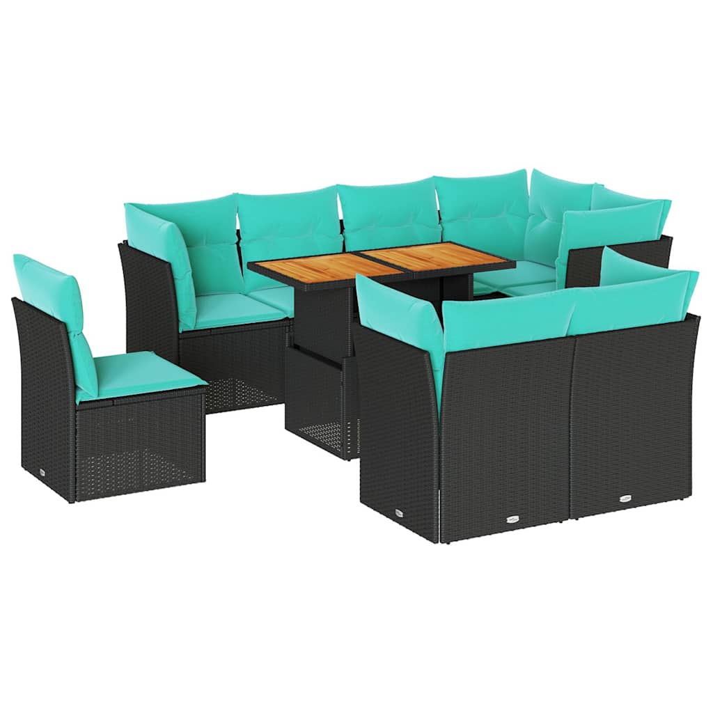 9-tlg. Garten-Sofagarnitur mit Kissen Schwarz Poly Rattan